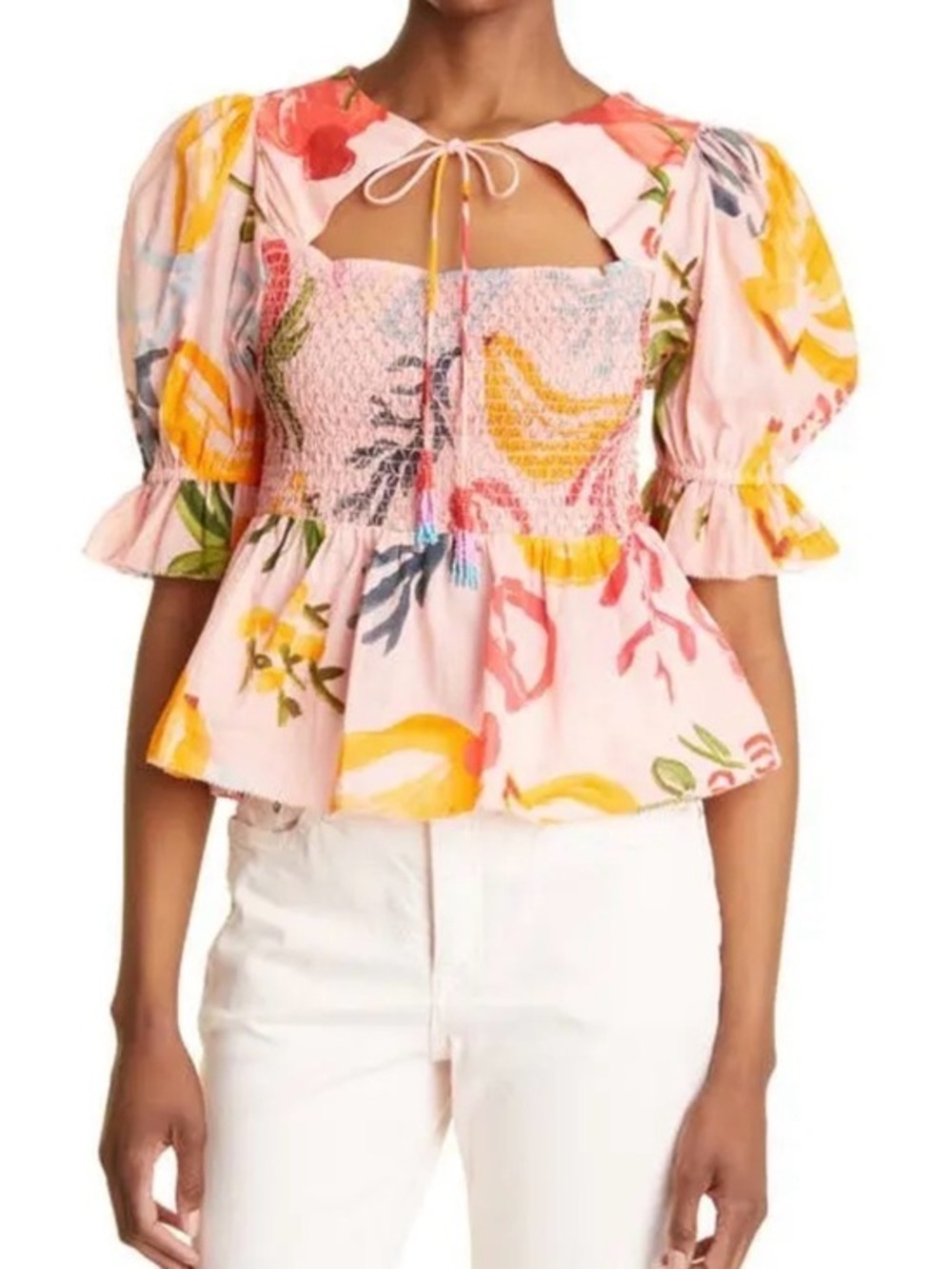 FARM Rio PINK FRUITS OCEAN BLOUSE Floral Smocked Puff-Sleeve Peplum Sz: Small